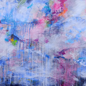 Abstract art with colorful splashes and drips on a textured surface