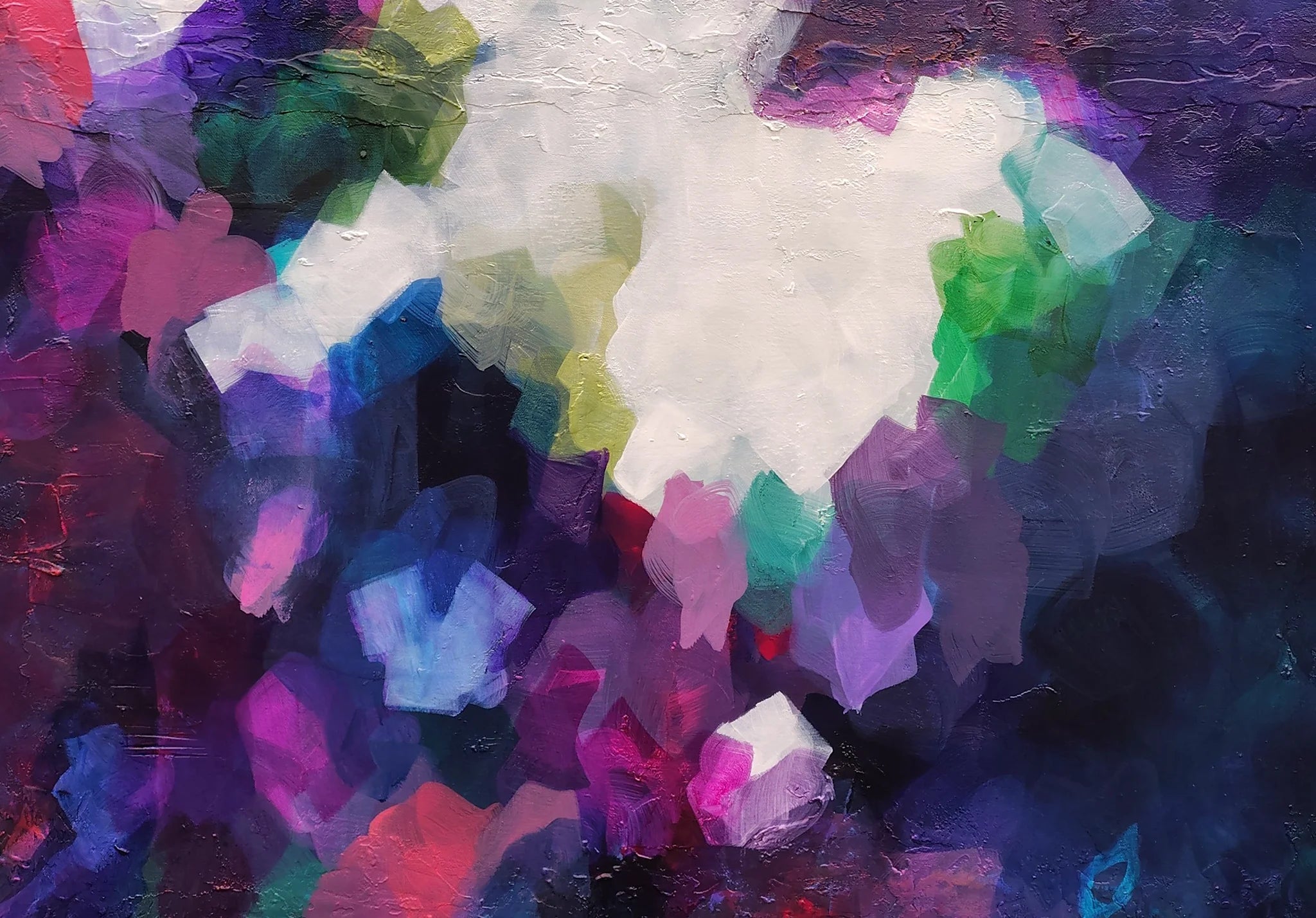 Abstract painting with a central white area surrounded by colorful, cloud-like shapes on a textured dark background.
