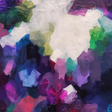 Abstract painting with a central white area surrounded by colorful, cloud-like shapes on a textured dark background.
