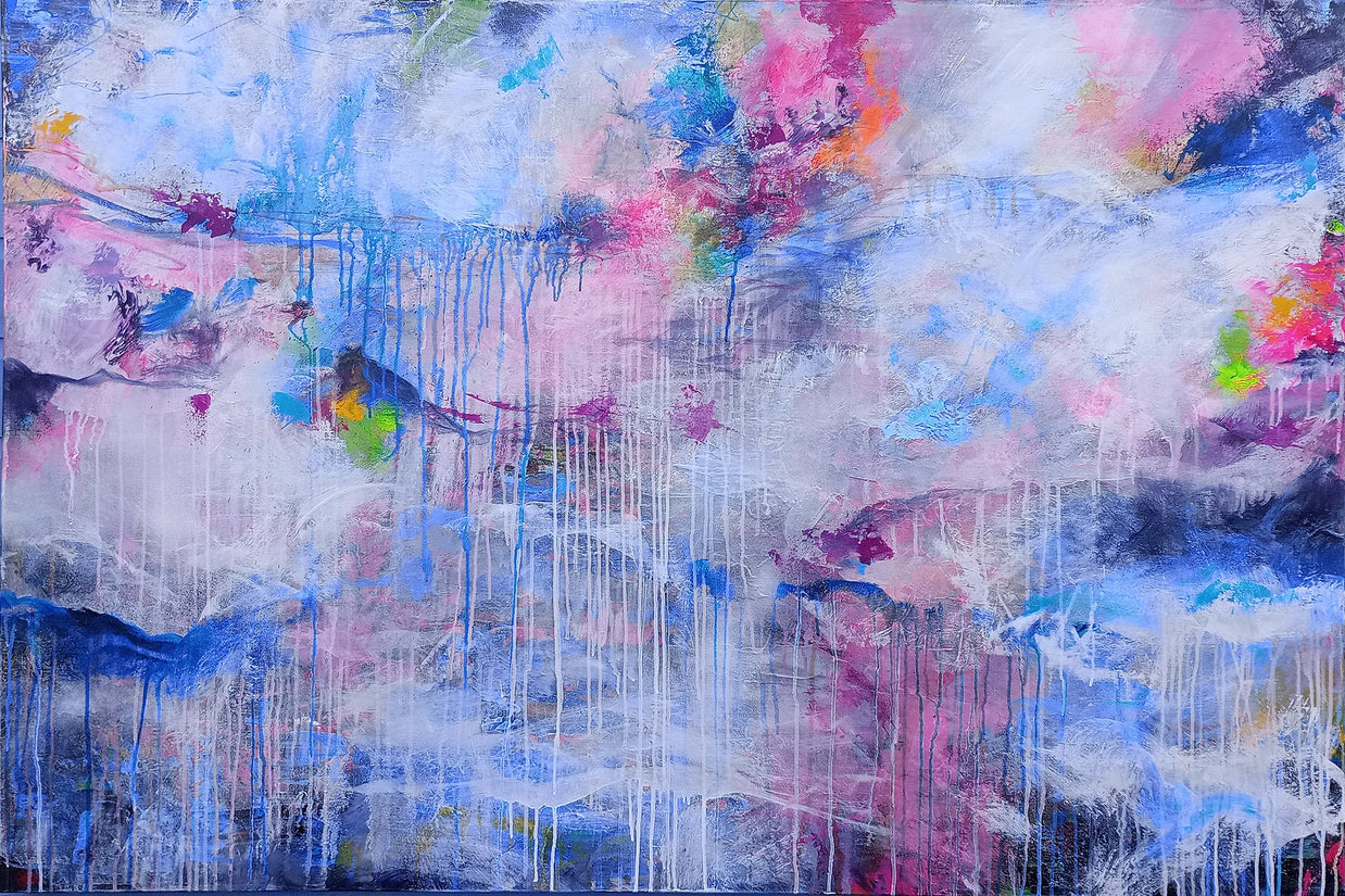 Abstract painting with a mix of blue, pink, and white colors.