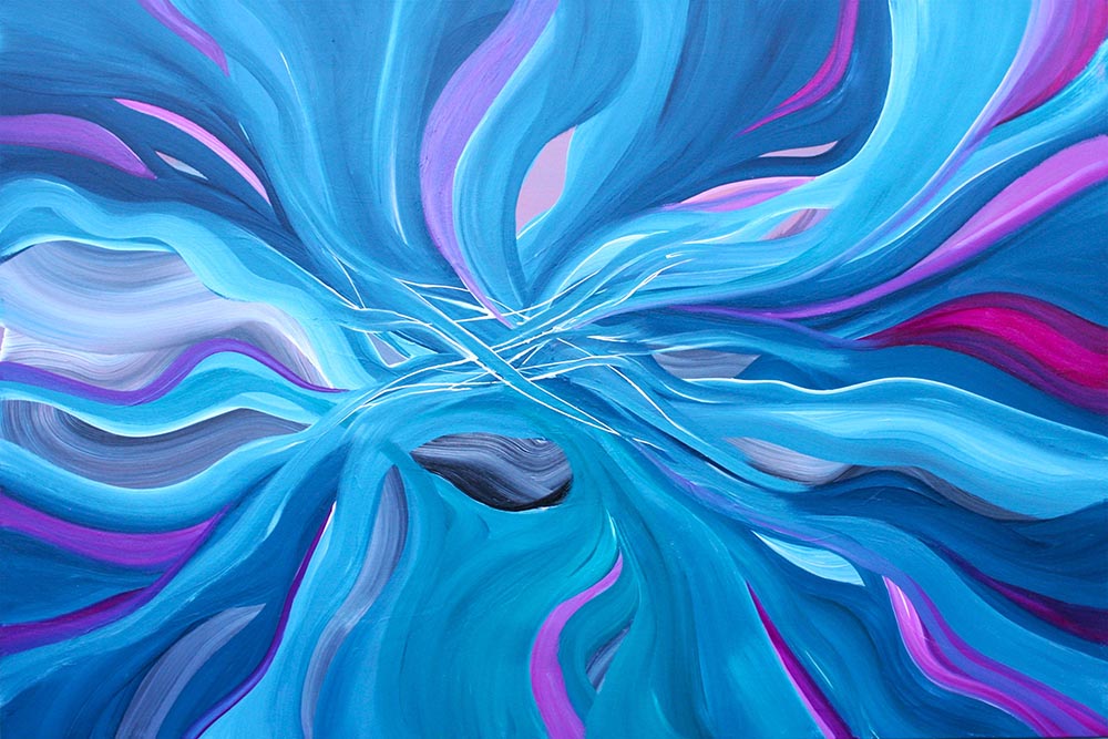 Abstract fluid art painting with swirling waves of bright blue, cyan, purple, and magenta, radiating from a central point with a small dark stone-like shape near the lower center.