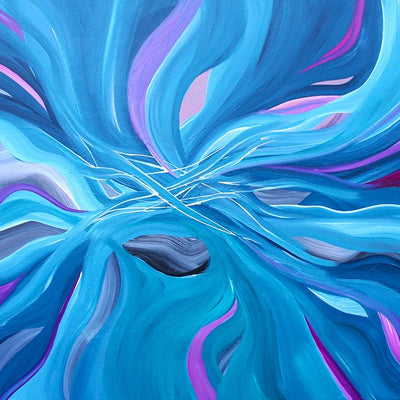 Abstract fluid art painting with swirling waves of bright blue, cyan, purple, and magenta, radiating from a central point with a small dark stone-like shape near the lower center.