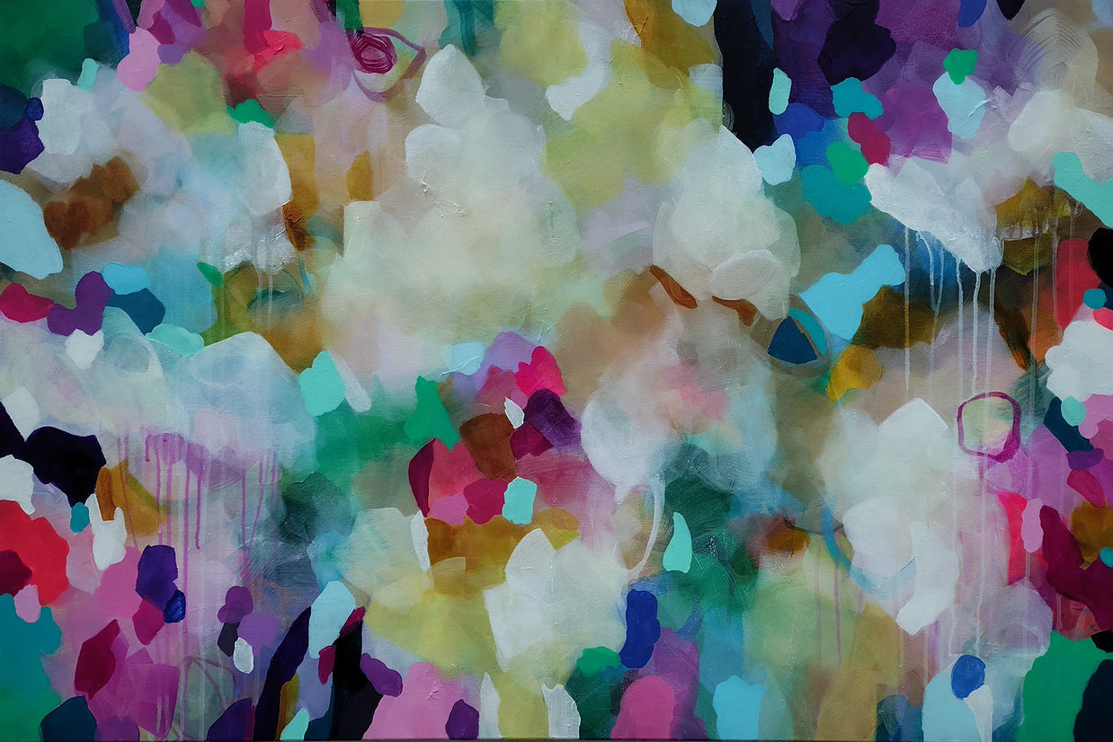 Abstract floral painting with layered, textured brushstrokes in white, pink, purple, teal, green, yellow, and black.