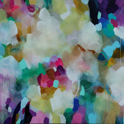 Abstract floral painting with layered, textured brushstrokes in white, pink, purple, teal, green, yellow, and black.
