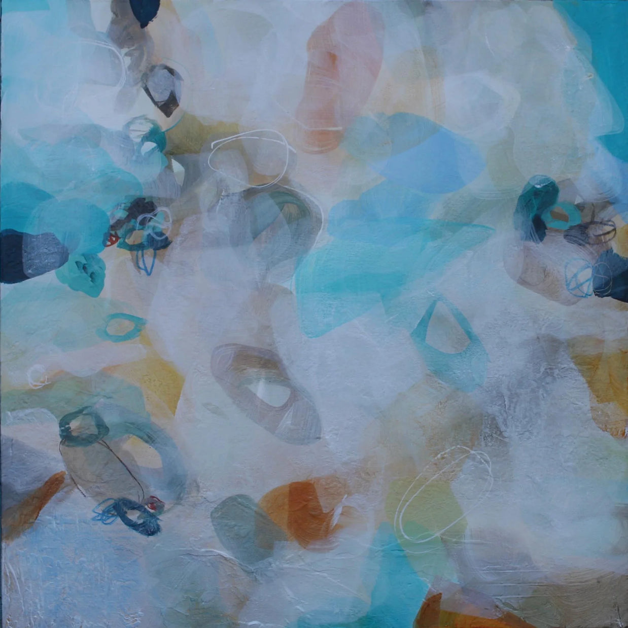 Abstract artwork with a mix of blue, green, and orange colors on a textured surface.