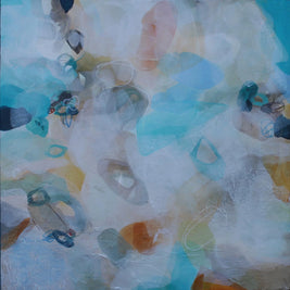 Abstract artwork with a mix of blue, green, and orange colors on a textured surface.