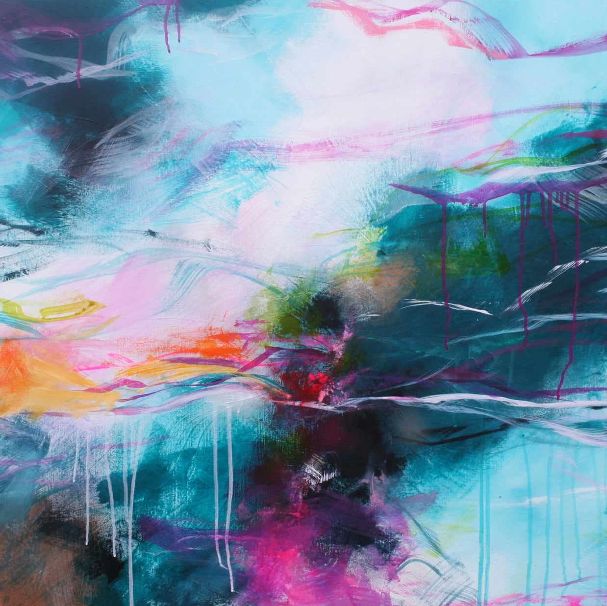 Abstract painting with vibrant colors and dynamic brush strokes