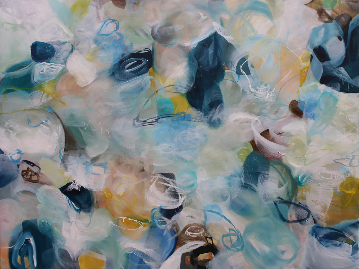 Abstract artwork with a mix of blue, green, and white colors.
