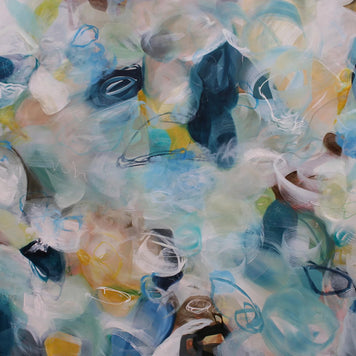 Abstract artwork with a mix of blue, green, and white colors.