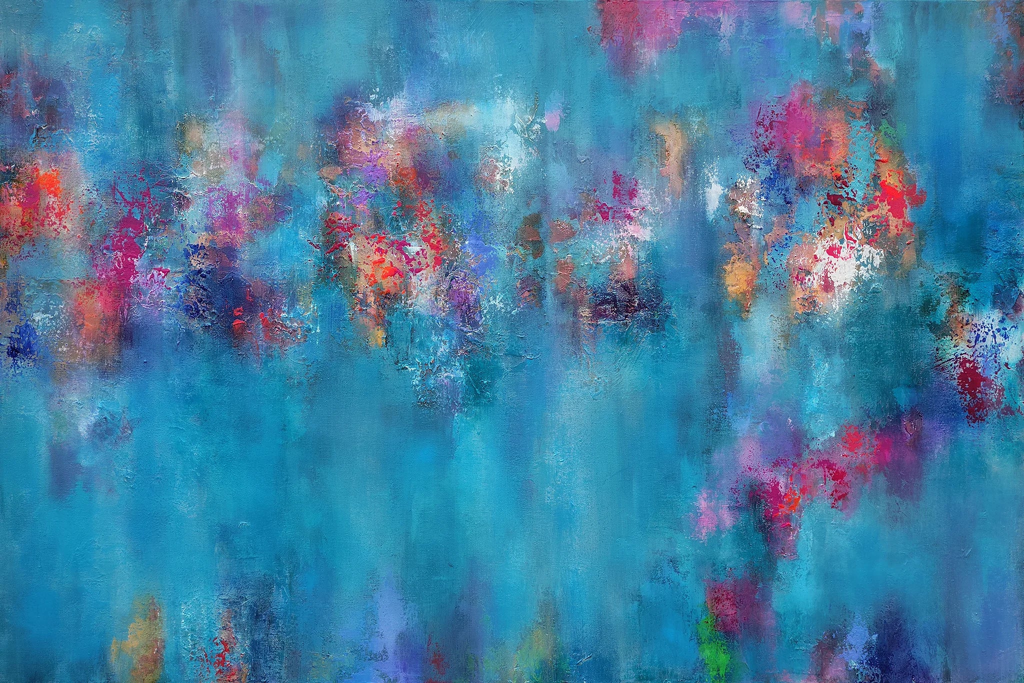 Abstract textured painting featuring a vibrant blue and teal background with splashes and mottled accents of pink, purple, red, orange, and white.