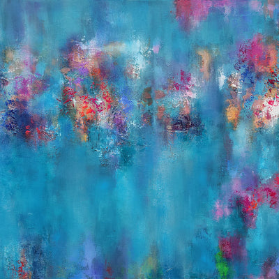 Abstract textured painting featuring a vibrant blue and teal background with splashes and mottled accents of pink, purple, red, orange, and white.