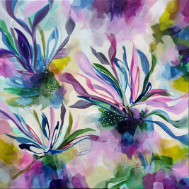 Colorful abstract floral painting with vibrant colors on a textured background