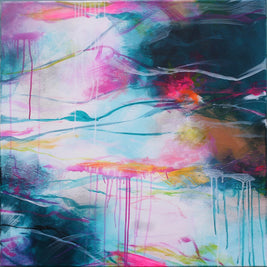 Abstract painting with vibrant colors on a square canvas