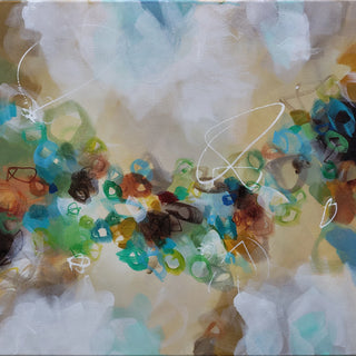 Abstract artwork with colorful patterns and shapes on a textured surface