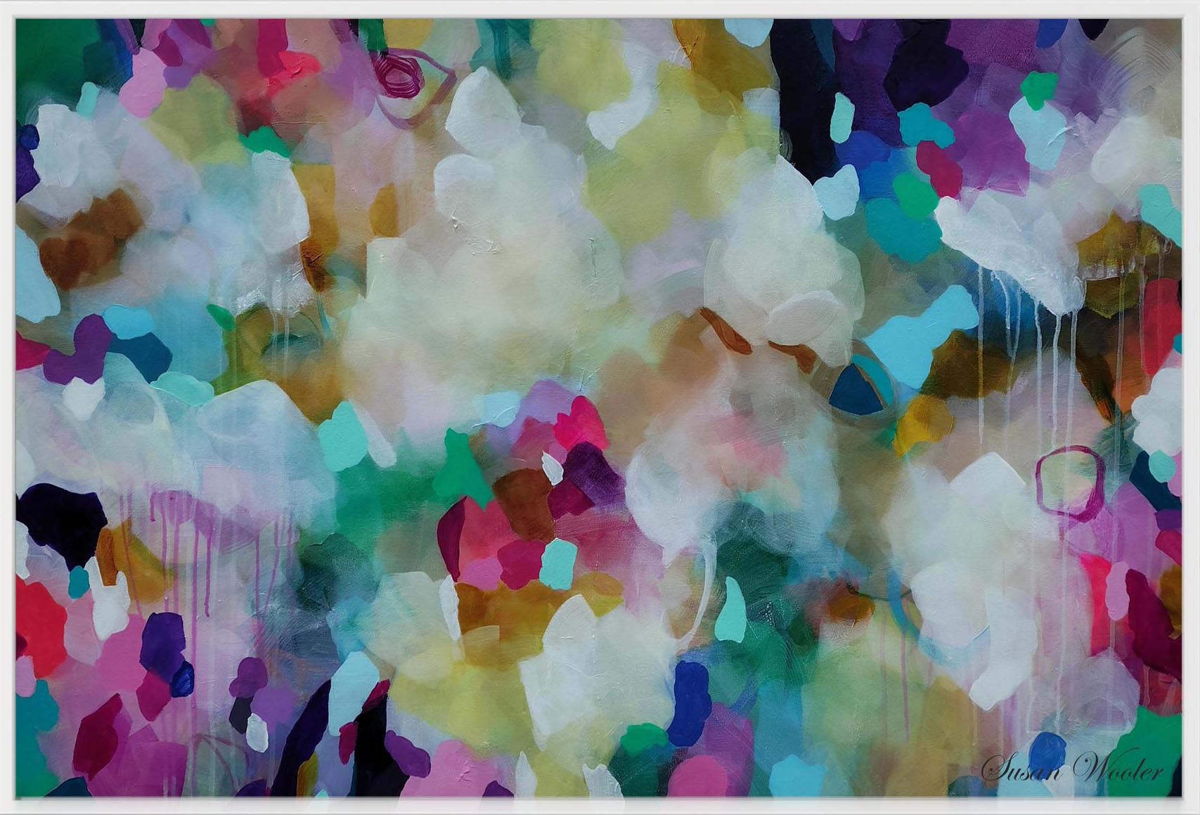 An abstract painting with a dense, textured composition of overlapping paint strokes in white, pink, purple, teal, green, yellow, and black, with visible drips on the right side.
