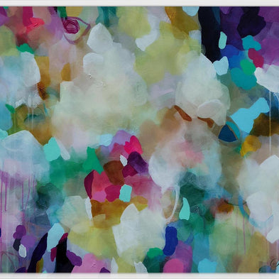 An abstract painting with a dense, textured composition of overlapping paint strokes in white, pink, purple, teal, green, yellow, and black, with visible drips on the right side.