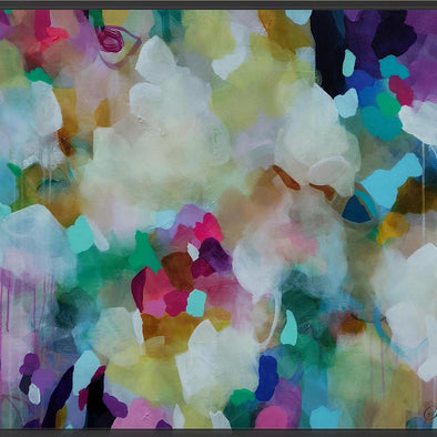 Abstract multicolor painting with layered brushstrokes and drips in white, pink, purple, teal, green, yellow, and black, presented within a dark frame.