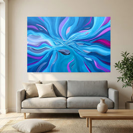 A large abstract canvas print with swirling blue, purple, and teal waves hangs on a beige wall above a light gray sofa in a modern living room setting.