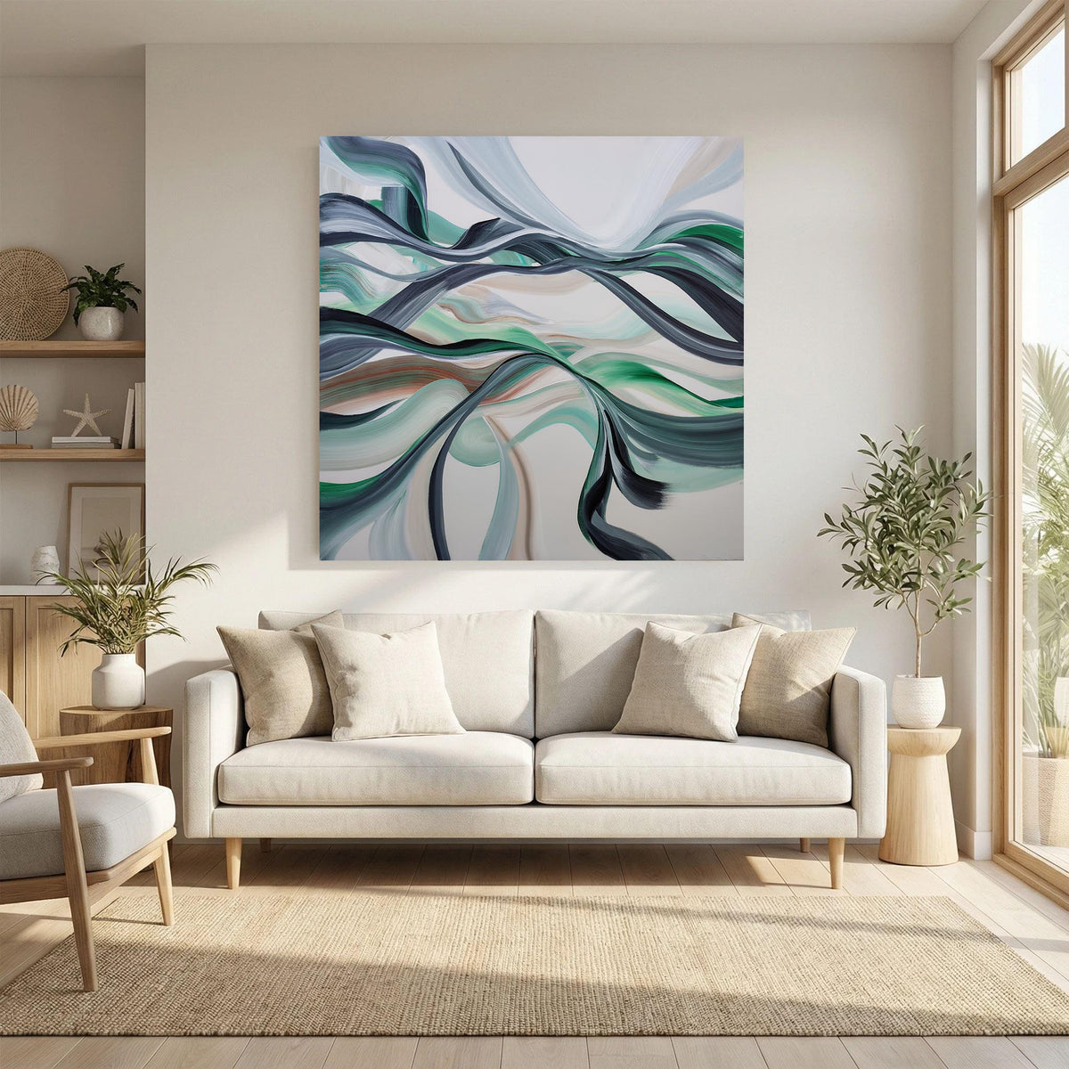 A large square abstract wall art print hangs above a light beige sofa in a bright, modern living room. The artwork features flowing, ribbon-like brushstrokes in teal, green, navy, gray, and cream on a light background.