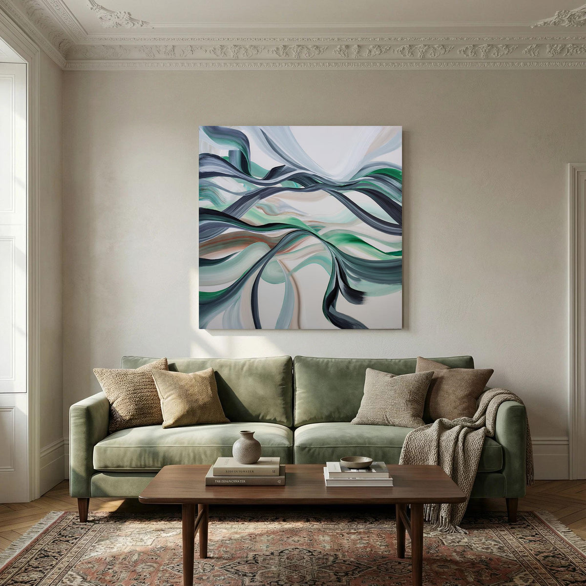 An abstract canvas painting with flowing blue, green, and white swirls hangs on a beige wall above a sage green sofa in a styled living room.