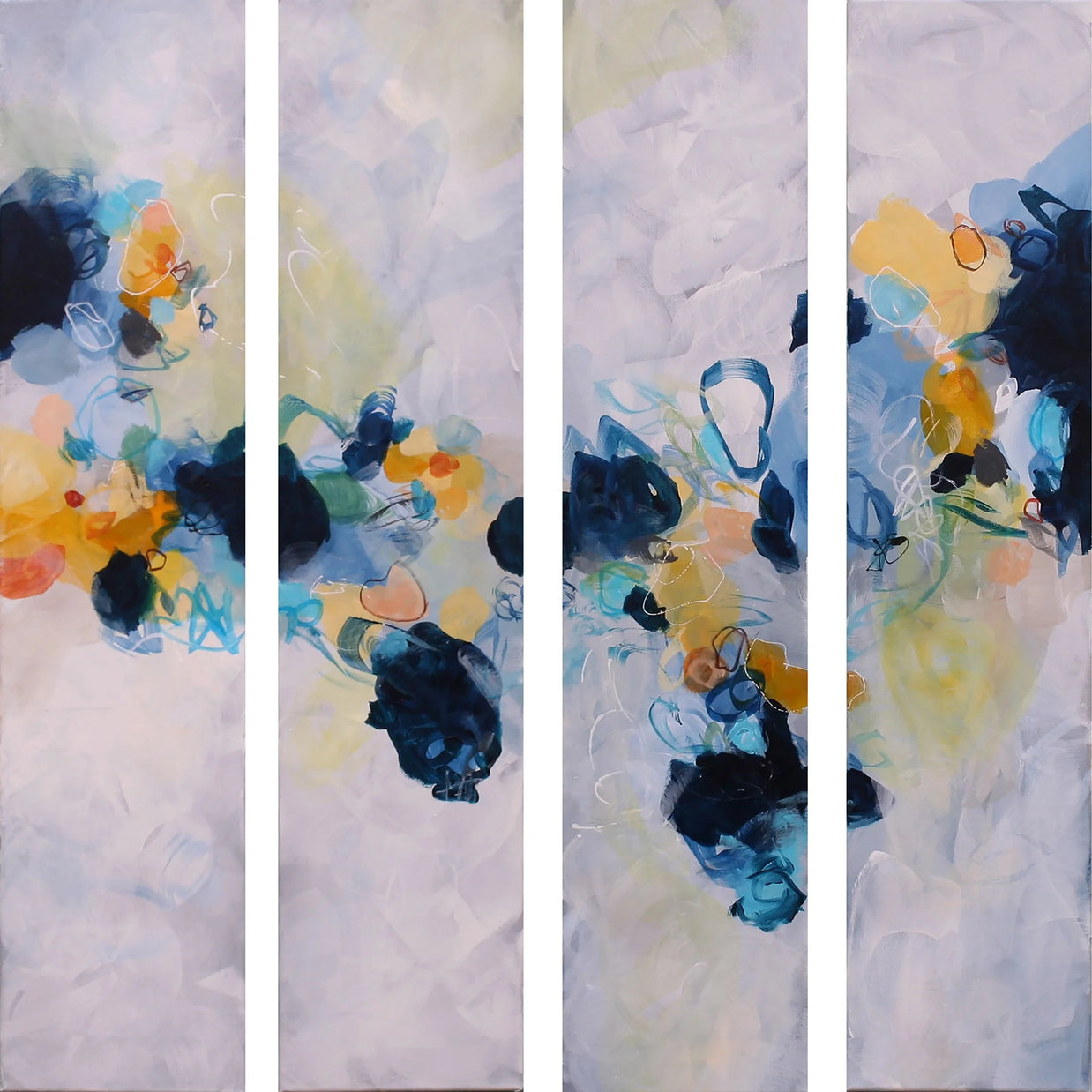 Colourful blue yellow white and greay four panel abstract painting