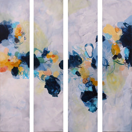 Colourful blue yellow white and greay four panel abstract painting