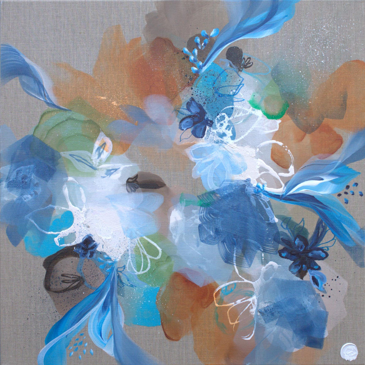 Abstract art piece with blue, orange, and white colors on a textured background