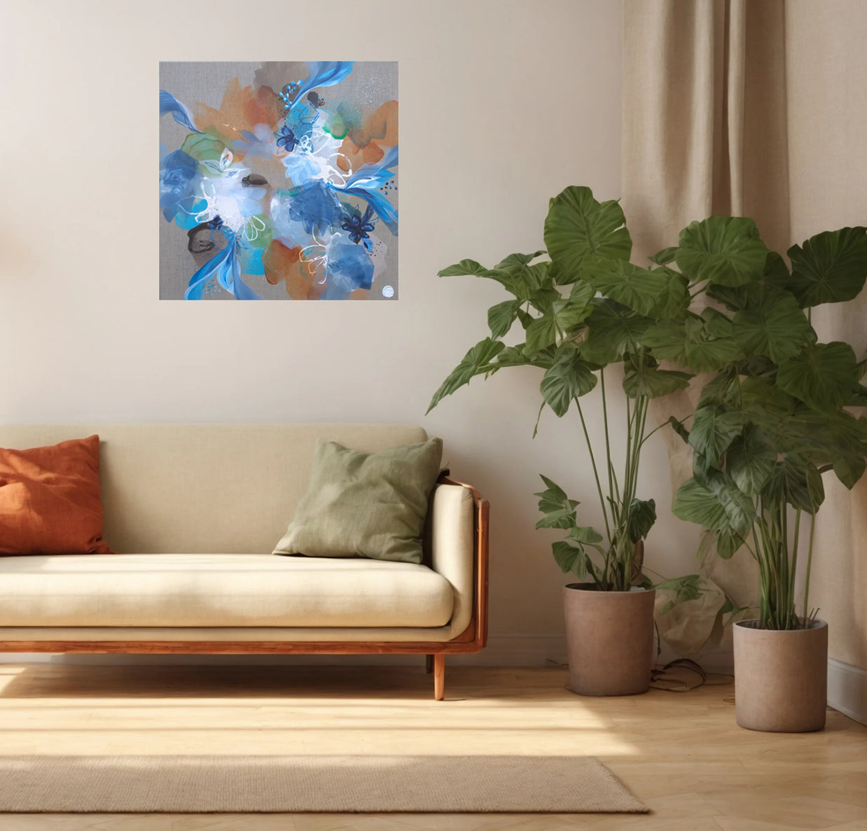 Living room with a beige sofa, decorative pillows, and a colorful abstract painting on the wall.