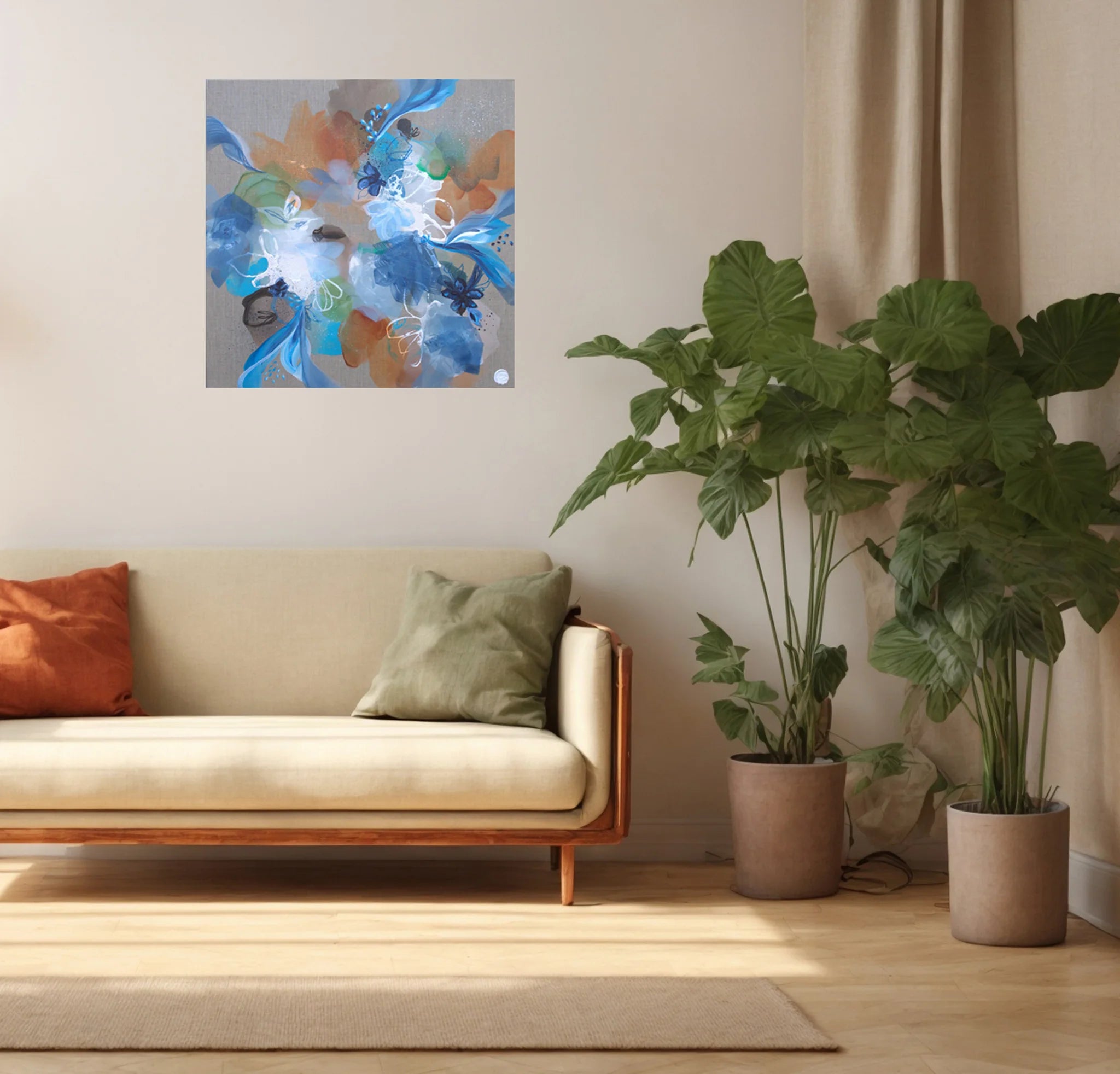 Living room with a beige sofa, decorative pillows, and a colorful abstract painting on the wall.