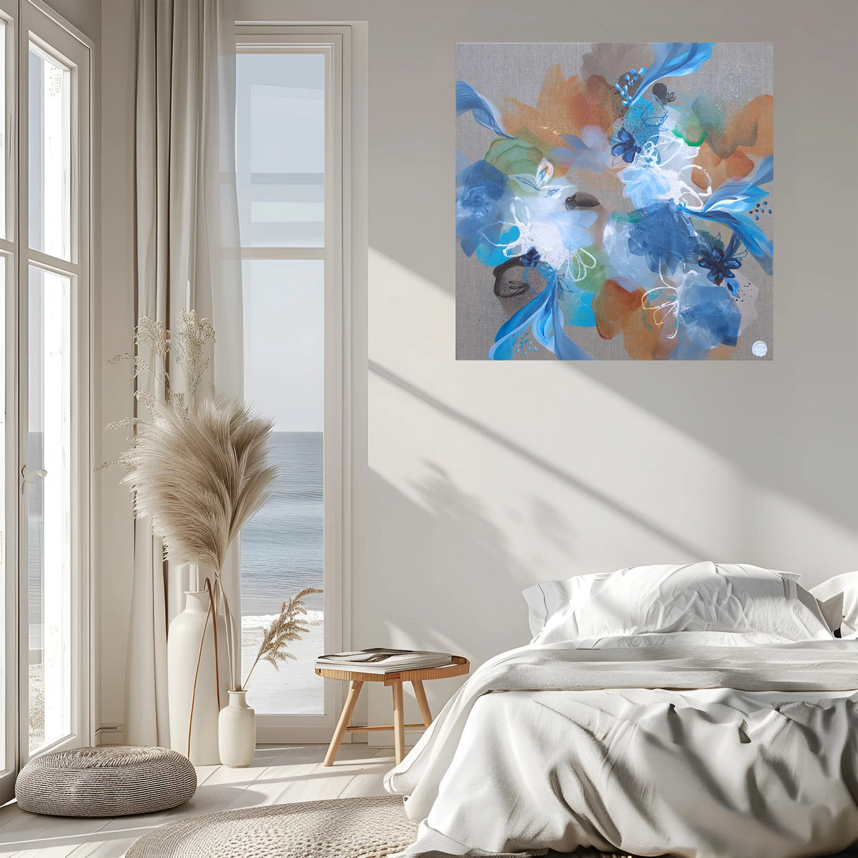 Modern bedroom with abstract floral painting on the wall