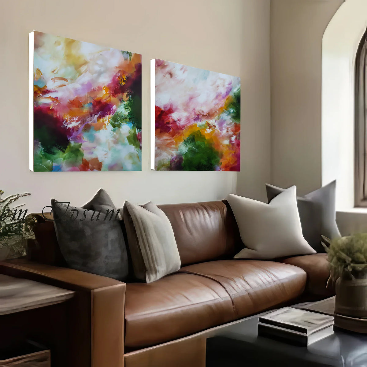 Two square abstract canvas wall art prints with colorful watercolor-like splashes hang above a brown leather sofa in a modern living room setting.