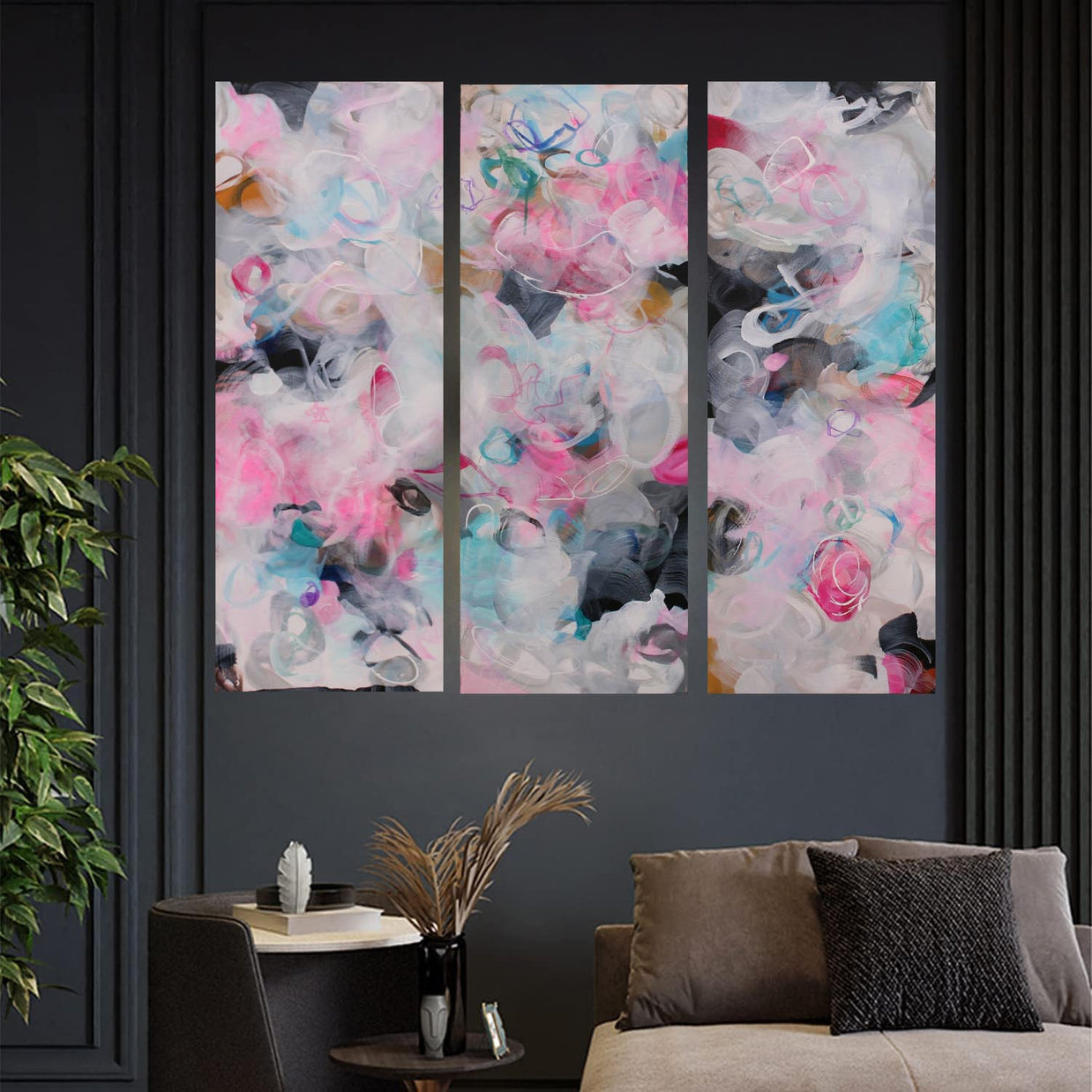 Pink White and Grey 3 panel abstract painting hanging on black panalled wall