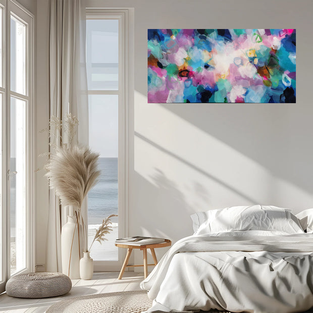 Modern bedroom with a colorful abstract painting on the wall, large windows, and minimal decor.