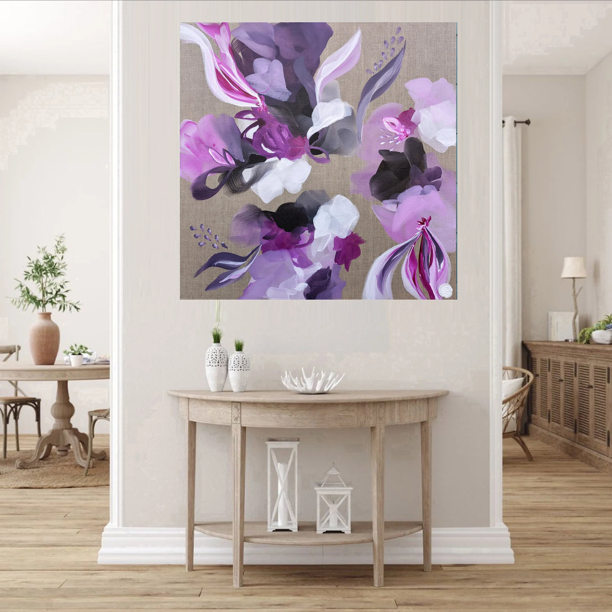 Floral inspired abstract art, purple, lilac, mauve white, charcoal and grey on a linen canvas hanging above console table