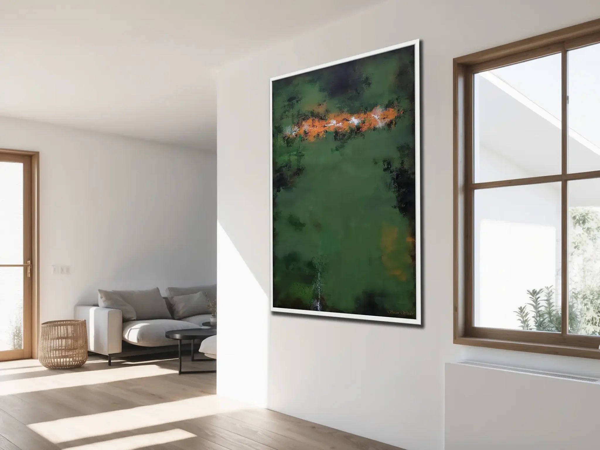 Modern living room with a large abstract painting on the wall.