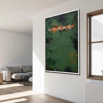 Modern living room with a large abstract painting on the wall.
