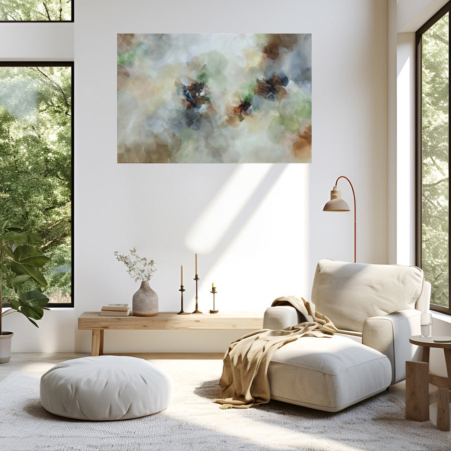 Modern living room with a white armchair, coffee table, and abstract painting.