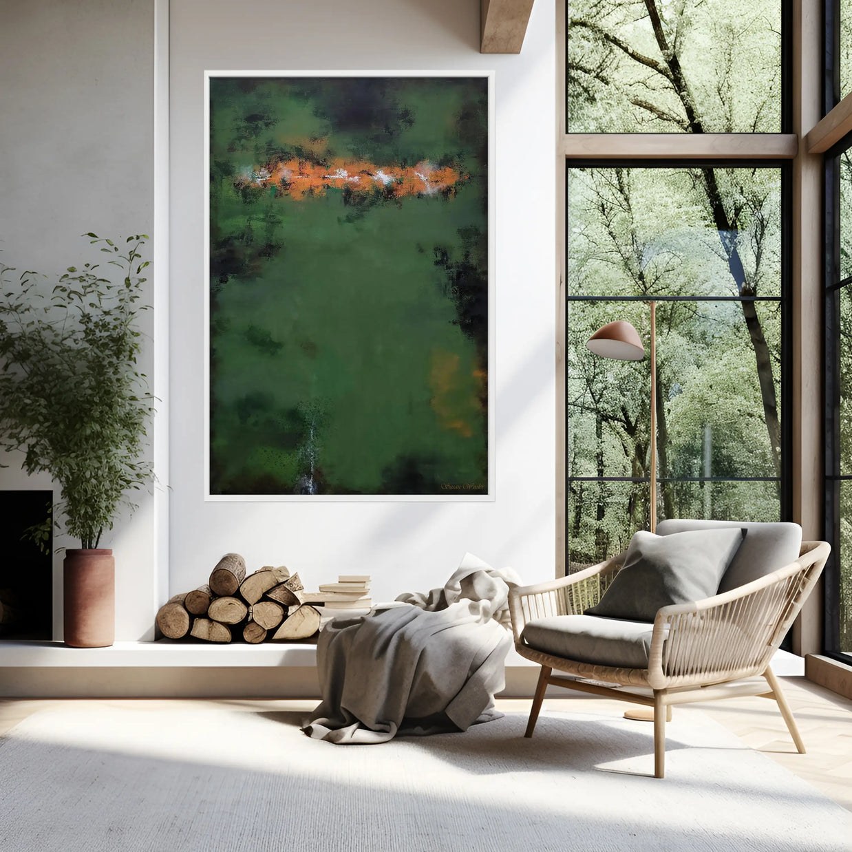 Modern living room with a fireplace, abstract art, and a chair.