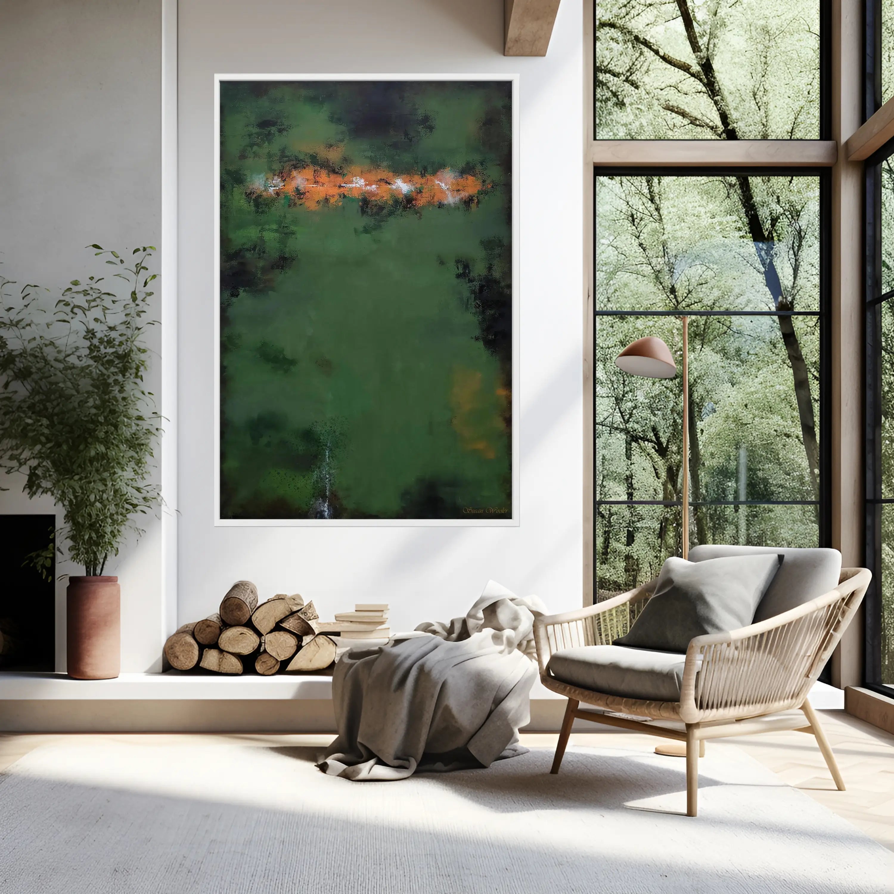 Modern living room with a fireplace, abstract art, and a chair.