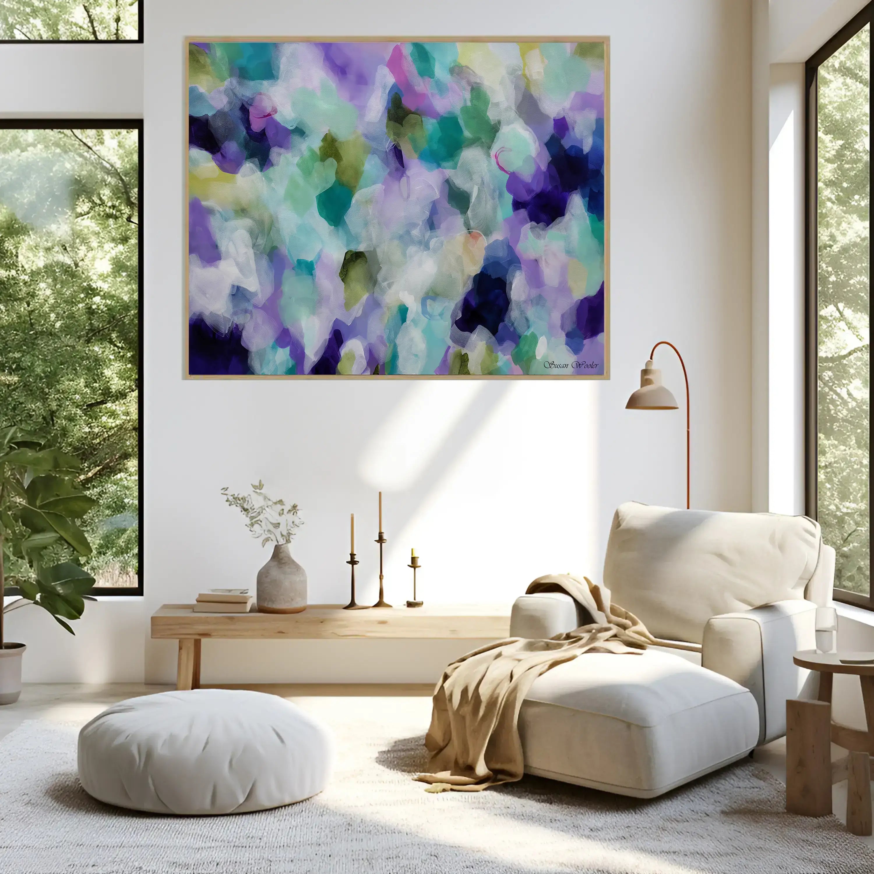 Modern living room with a colorful abstract painting on the wall.