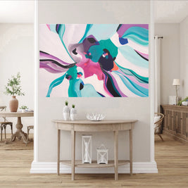 Modern living room with a colorful abstract painting on the wall.