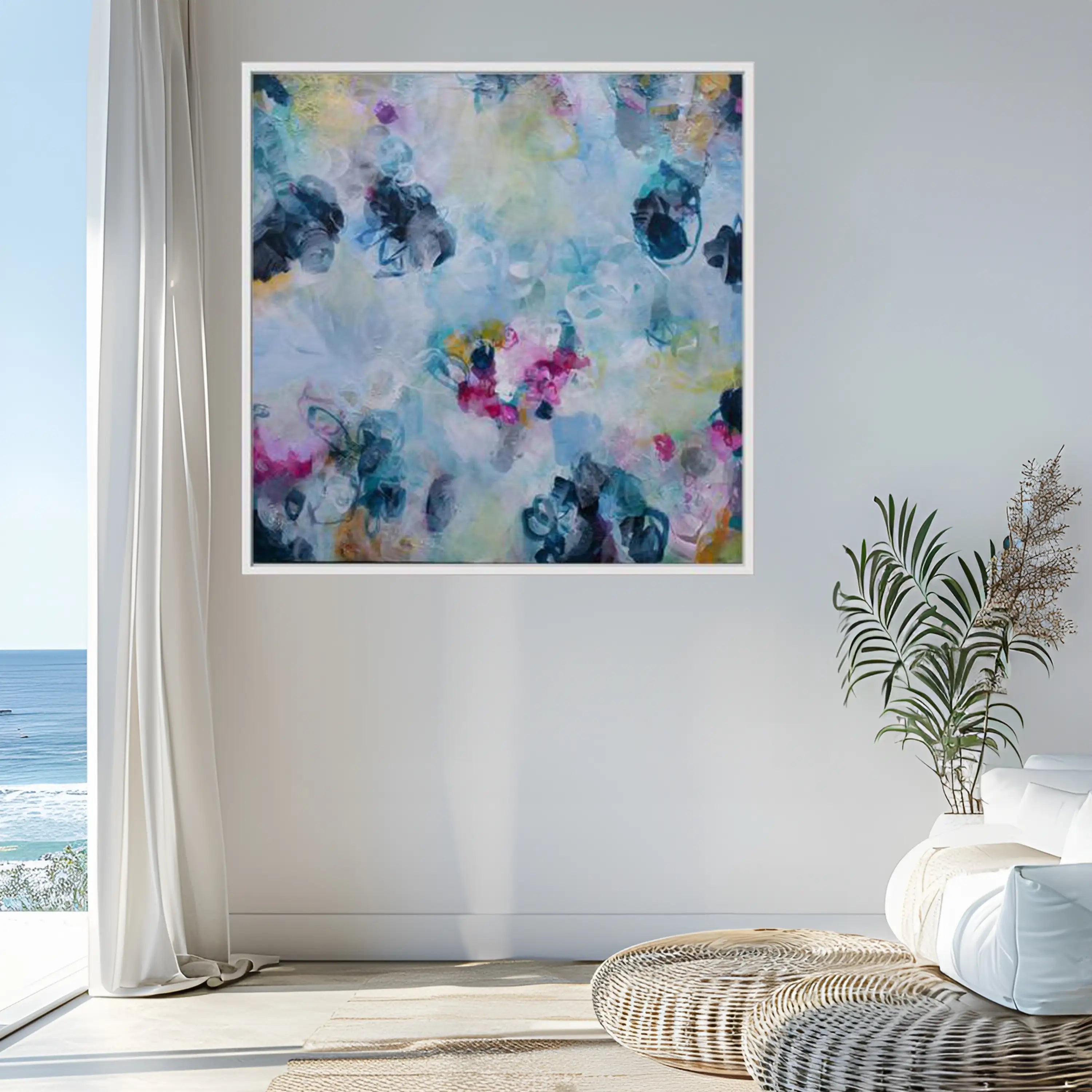 Colorful abstract painting on a wall in a room with a plant and window.