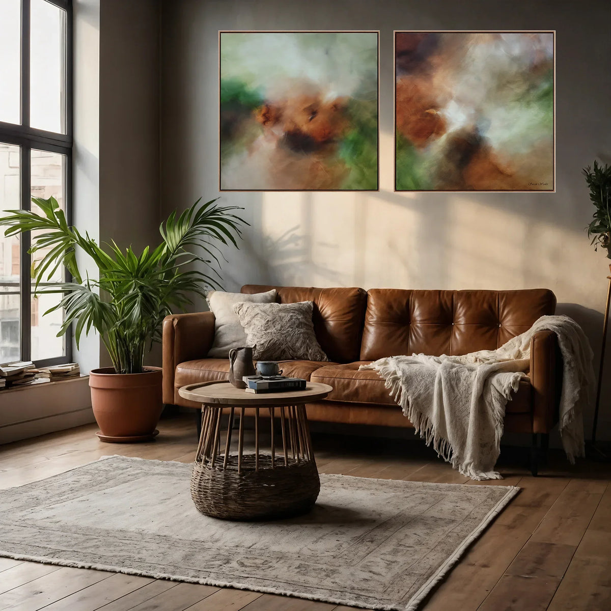 A styled living room featuring a pair of abstract canvas wall art prints hanging above a brown leather sofa. The prints showcase soft, blended abstract patterns in earthy tones of brown, green, and beige.