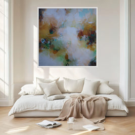 Modern bedroom with a bed, abstract painting on the wall, and minimal decor.