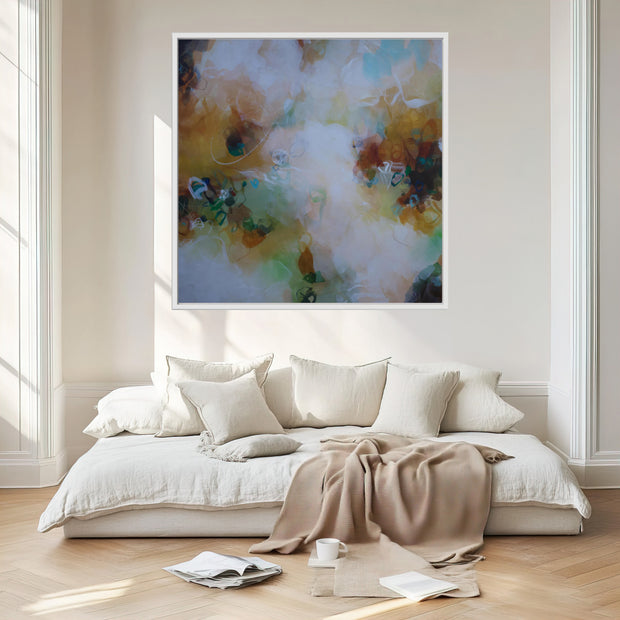 Modern bedroom with a bed, abstract painting on the wall, and minimal decor.