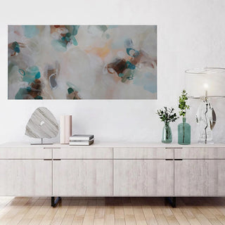 Modern living room with a large abstract painting above a wooden console table.