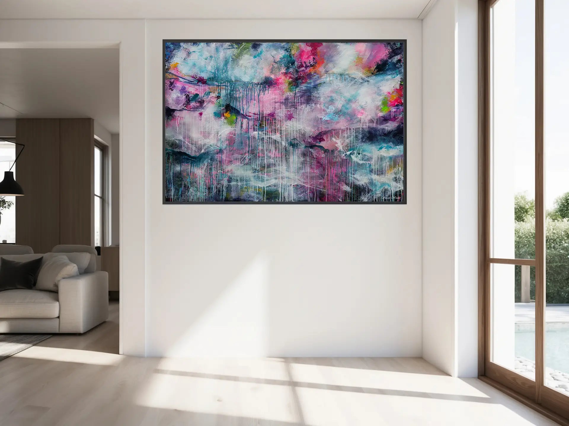 Abstract painting on a wall in a modern living room
