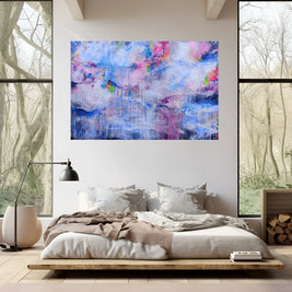 Modern bedroom with a colorful abstract painting on the wall