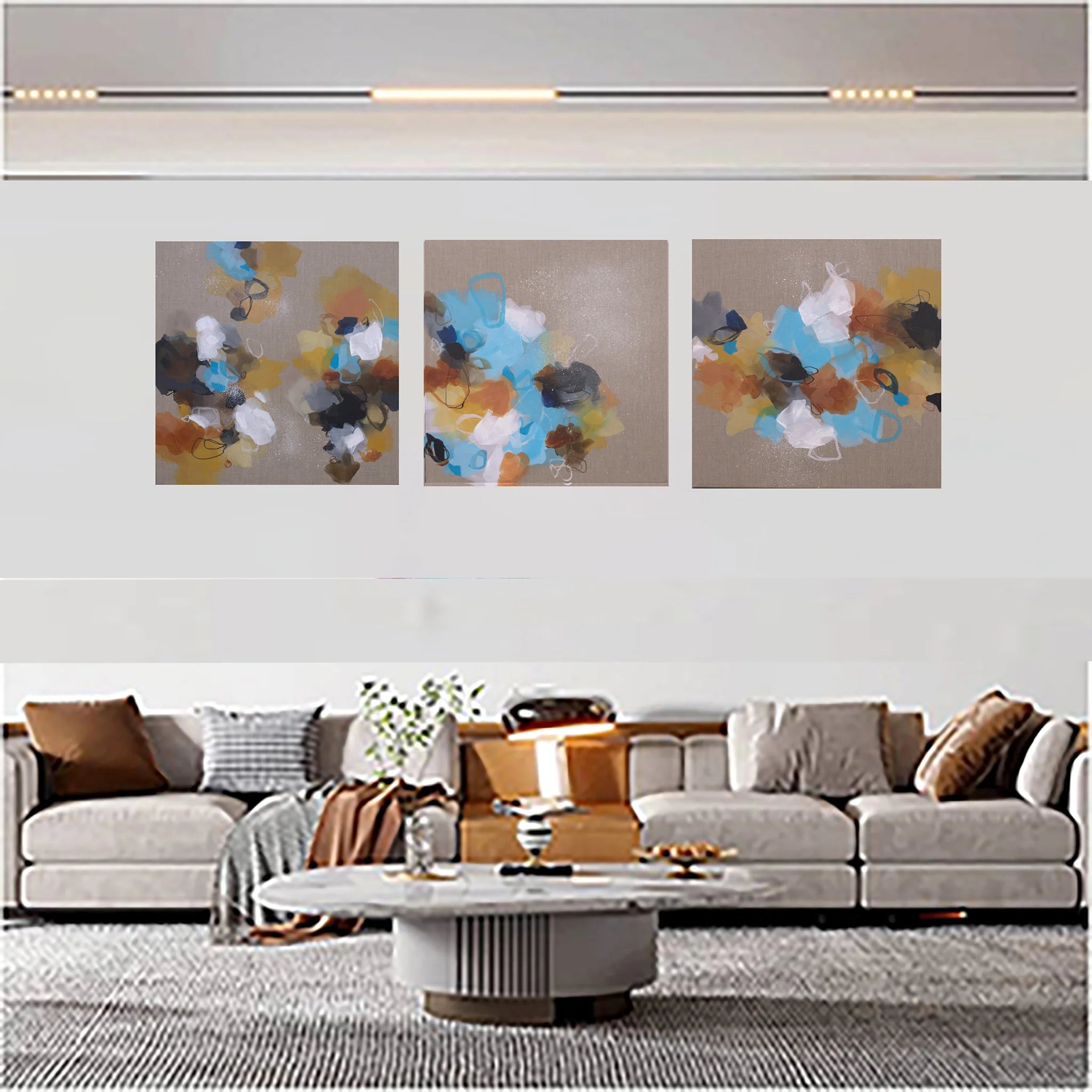 Three side-by-side images of colorful abstract art on a linen canvas background above sofa