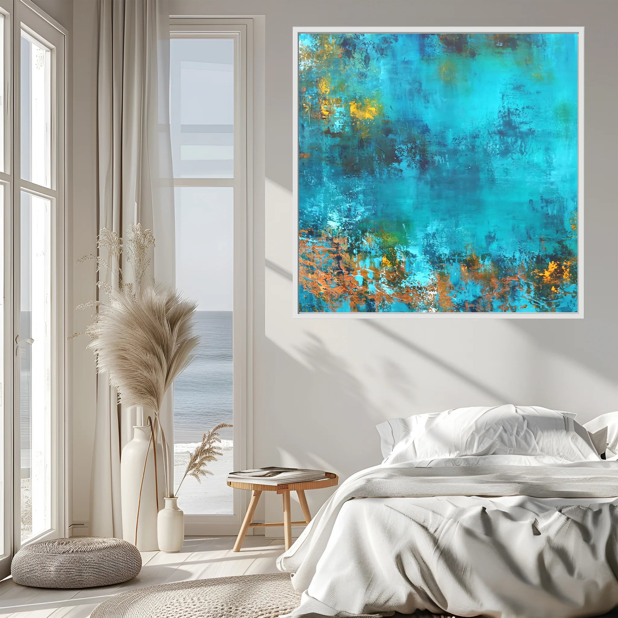 Modern bedroom with a bed, abstract painting on the wall, and decorative elements.